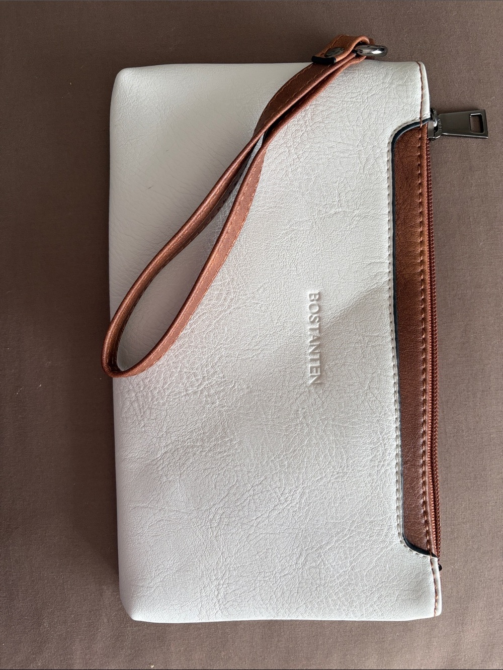 Bostanten White and Brown Zip Wristlet Clutch